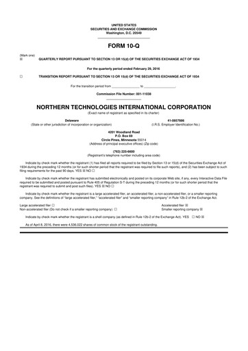 Thumbnail Northern Technologies International 10-Q Quarterly Report FY2016 