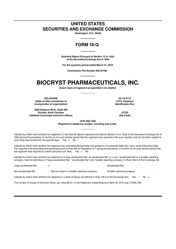 Thumbnail BioCryst Pharmaceuticals
 10-Q Quarterly Report FY2016 