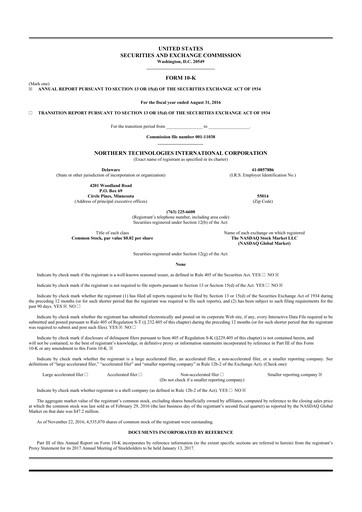 Miniature Northern Technologies International 10-K Rapport annuel 2016
