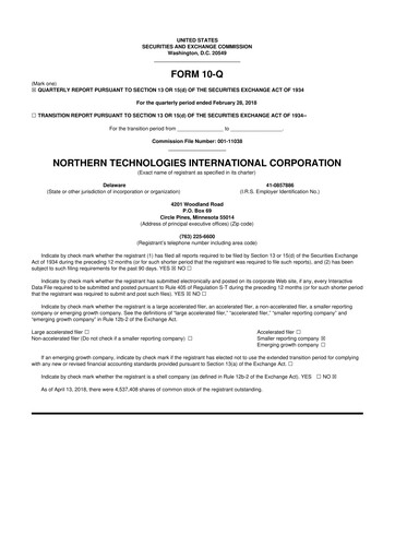 Thumbnail Northern Technologies International 10-Q Quarterly Report FY2018 