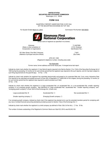Thumbnail Simmons First National 10-Q Quarterly Report FY2018 