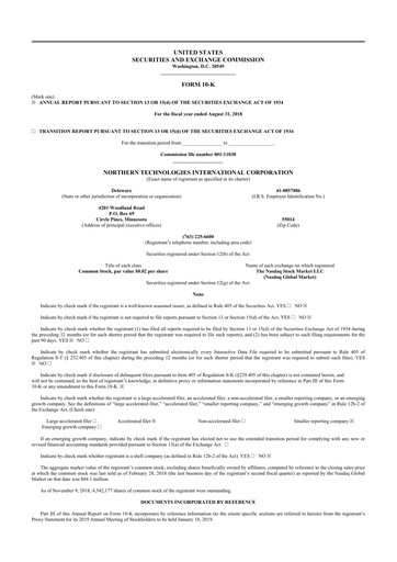 Miniature Northern Technologies International 10-K Rapport annuel 2018