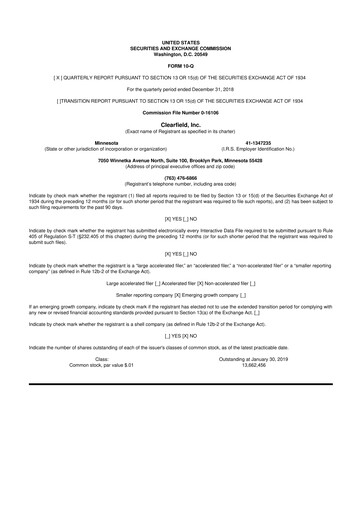 Thumbnail Clearfield 10-Q Quarterly Report FY2019 