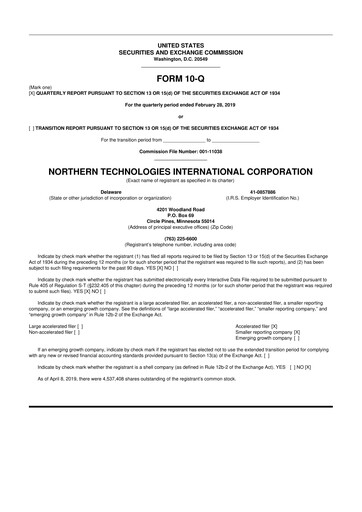 Thumbnail Northern Technologies International 10-Q Quarterly Report FY2019 