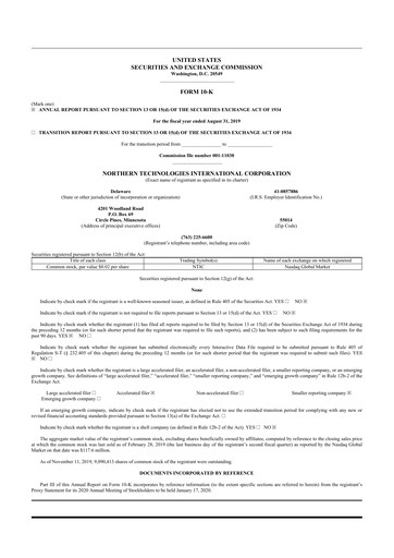 Miniature Northern Technologies International 10-K Rapport annuel 2019