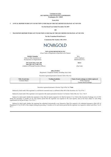 Thumbnail NovaGold Resources
 10-K Annual Report 2019