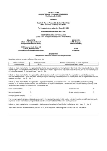 Thumbnail BioCryst Pharmaceuticals
 10-Q Quarterly Report FY2020 