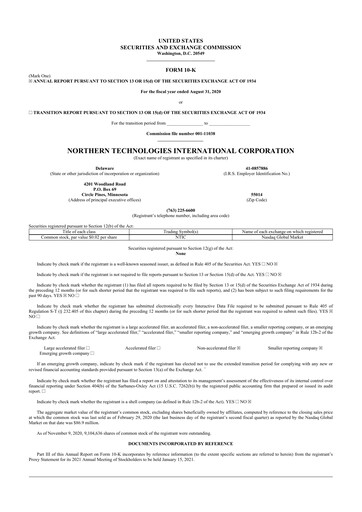 Miniature Northern Technologies International 10-K Rapport annuel 2020