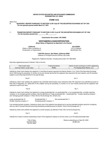 Vorschaubild Westamerica Bancorporation
 10-Q Quartalsbericht 2021 