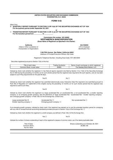 Vorschaubild Westamerica Bancorporation
 10-Q Quartalsbericht 2021 