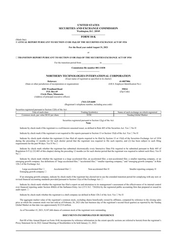 Miniature Northern Technologies International 10-K Rapport annuel 2021