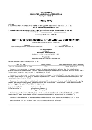 Thumbnail Northern Technologies International 10-Q Quarterly Report FY2022 