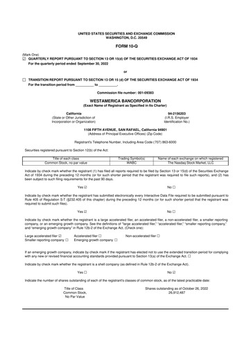 Vorschaubild Westamerica Bancorporation
 10-Q Quartalsbericht 2022 