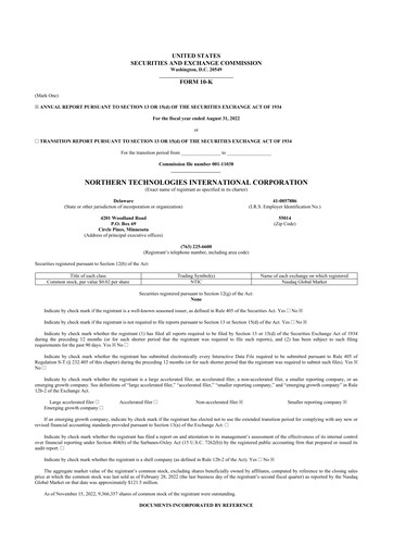 Miniature Northern Technologies International 10-K Rapport annuel 2022