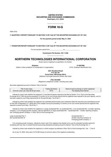Thumbnail Northern Technologies International 10-Q Quarterly Report FY2025 