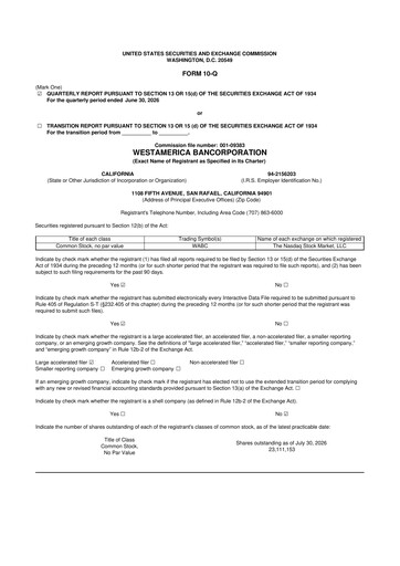 Thumbnail Westamerica Bancorporation
 10-Q Quarterly Report FY2026 