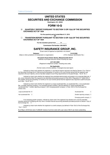 Thumbnail Safety Insurance
 10-Q Quarterly Report FY2018 