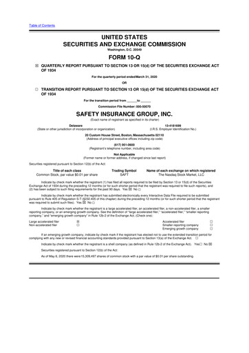 Thumbnail Safety Insurance
 10-Q Quarterly Report FY2020 