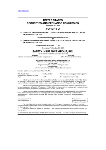 Thumbnail Safety Insurance
 10-Q Quarterly Report FY2020 