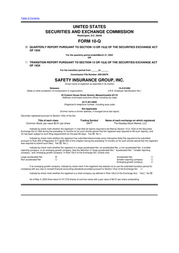 Thumbnail Safety Insurance
 10-Q Quarterly Report FY2022 
