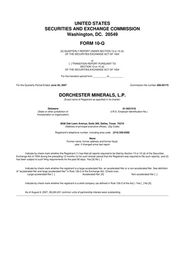 Miniature Dorchester Minerals 10-Q Rapport trimestriel  