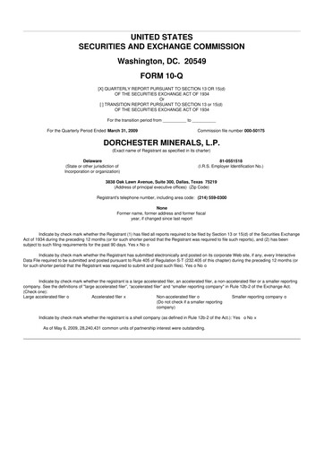 Miniature Dorchester Minerals 10-Q Rapport trimestriel  