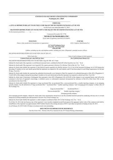 Thumbnail Nicolet Bankshares 10-K Annual Report 2018