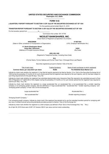 Thumbnail Nicolet Bankshares 10-Q Quarterly Report FY2019 