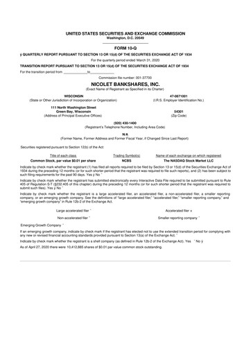 Thumbnail Nicolet Bankshares 10-Q Quarterly Report FY2020 