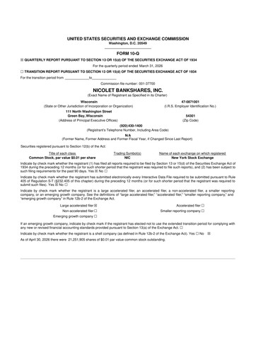 Thumbnail Nicolet Bankshares 10-Q Quarterly Report FY 