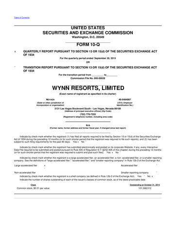 Thumbnail Wynn Resorts
 10-Q Quarterly Report FY2015 