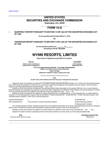 Thumbnail Wynn Resorts
 10-Q Quarterly Report FY2018 