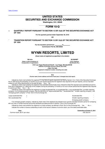 Thumbnail Wynn Resorts
 10-Q Quarterly Report FY2018 