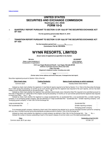 Thumbnail Wynn Resorts
 10-Q Quarterly Report FY2019 