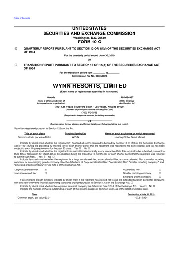 Thumbnail Wynn Resorts
 10-Q Quarterly Report FY2019 
