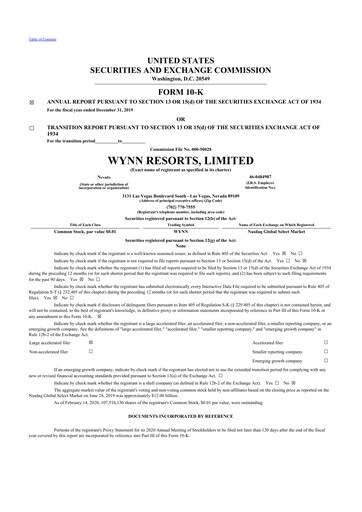 Thumbnail Wynn Resorts
 10-K Annual Report 2019