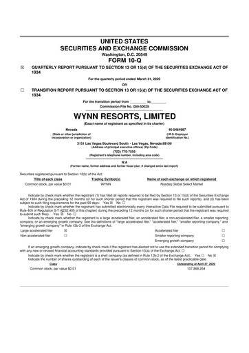 Thumbnail Wynn Resorts
 10-Q Quarterly Report FY2020 