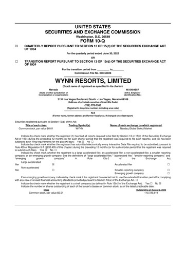 Thumbnail Wynn Resorts
 10-Q Quarterly Report FY2022 