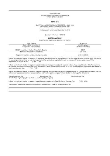 Thumbnail First Bancorp
 10-Q Quarterly Report FY2014 