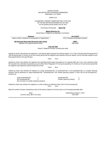 Thumbnail Magyar Bancorp 10-Q Quarterly Report FY2015 