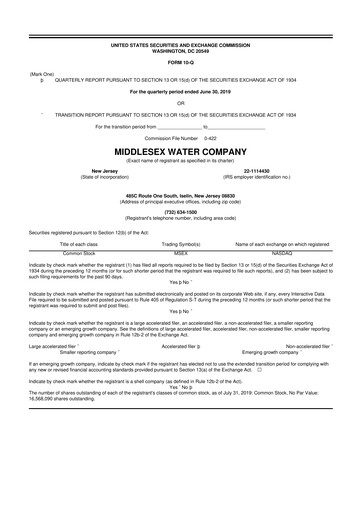 Thumbnail Middlesex Water Company
 10-Q Quarterly Report FY2019 