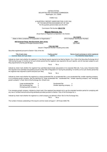 Thumbnail Magyar Bancorp 10-Q Quarterly Report FY2019 
