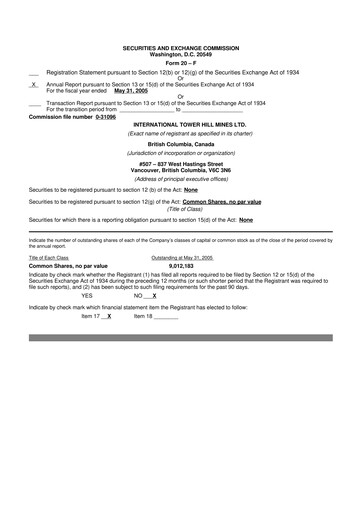 Thumbnail International Tower Hill Mines 20-F Annual Report 