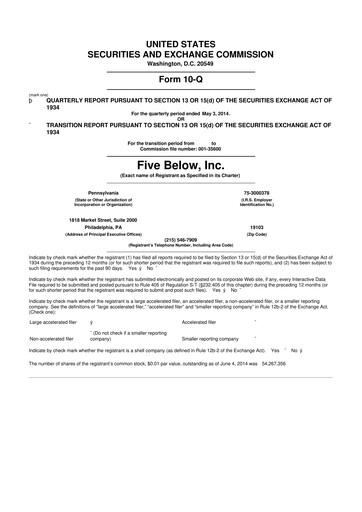 Thumbnail Five Below
 10-Q Quarterly Report FY2014 