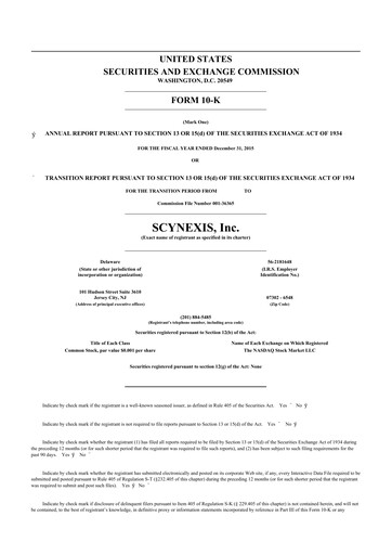 Thumbnail SCYNEXIS 10-K Annual Report 2015