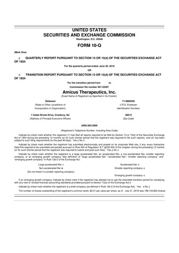 Thumbnail Amicus Therapeutics
 10-Q Quarterly Report FY2018 