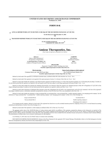 Miniature Amicus Therapeutics
 10-K Rapport annuel 2018