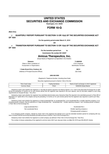 Thumbnail Amicus Therapeutics
 10-Q Quarterly Report FY2019 