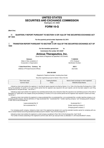 Thumbnail Amicus Therapeutics
 10-Q Quarterly Report FY2019 