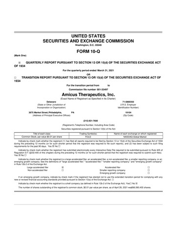 Thumbnail Amicus Therapeutics
 10-Q Quarterly Report FY2021 